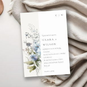 Chic Dusky Blue Watercolor Cottage Floral Wedding Invitation