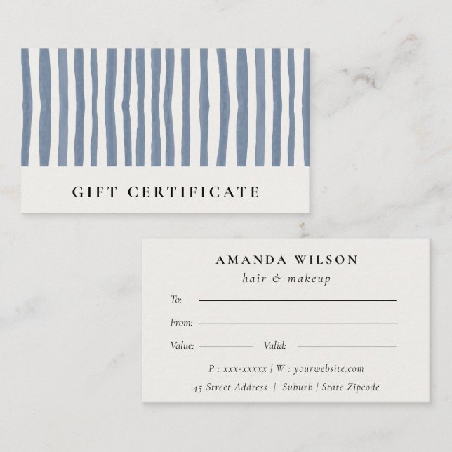 Chic Dusky Blue Watercolor Strips Gift Certificate (Front/Back)