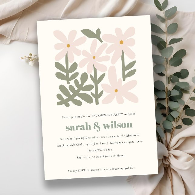 Chic Dusky Blush Retro Minimal Floral Engagement Invitation (Creator Uploaded)