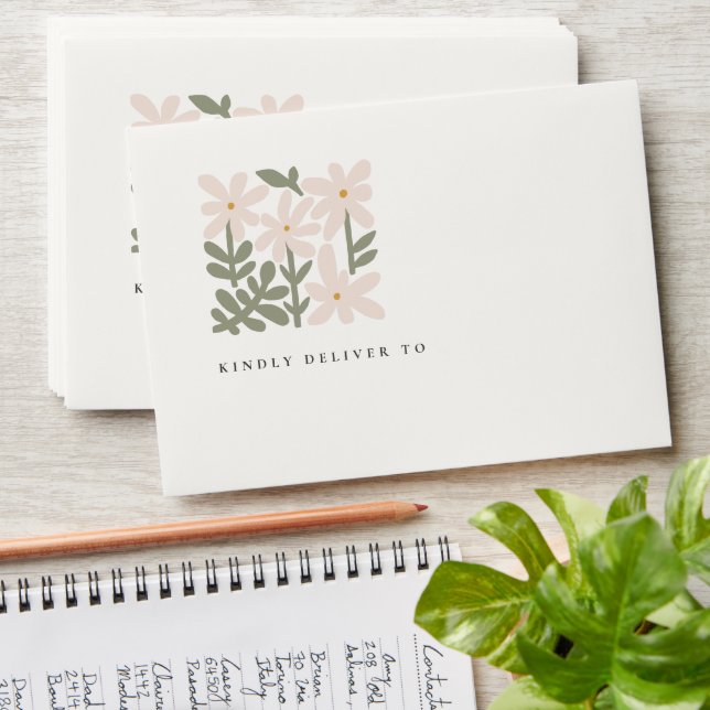 Chic Dusky Blush Retro Minimal Floral Wedding Envelope (Stacked)