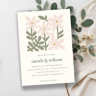Chic Dusky Blush Retro Minimal Floral Wedding Invitation