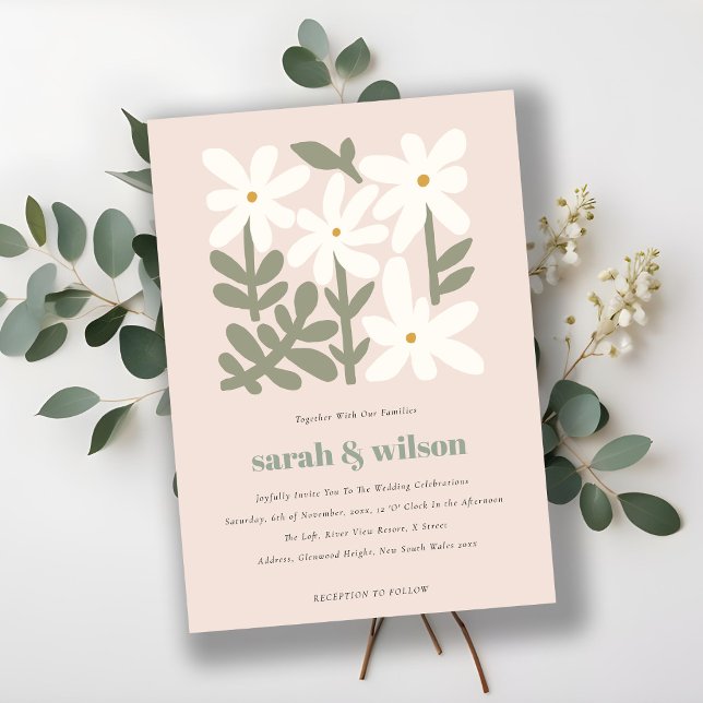 Chic Dusky Blush Retro Minimal Floral Wedding Invitation (Creator Uploaded)