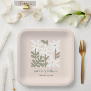 Chic Dusky Blush Retro Minimal Floral Wedding Paper Plate