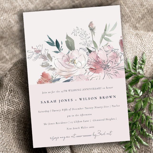 Chic Dusky Blush Watercolor Floral Anniversary Invitation (Creator Uploaded)