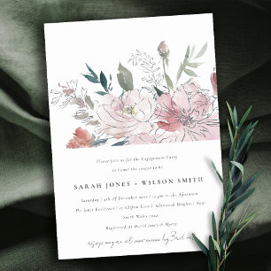 Chic Dusky Blush Watercolor Floral Engagement Invitation