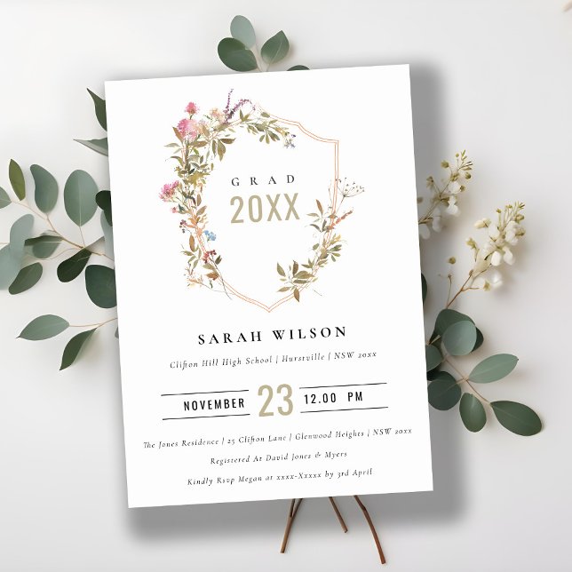Chic Dusky Pink Blush Wildflower Crest Graduation Invitation (Creator Uploaded)