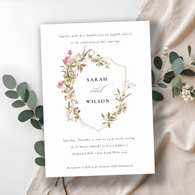 Chic Dusky Pink Blush Wildflower Crest Wedding Invitation (Creator Uploaded)