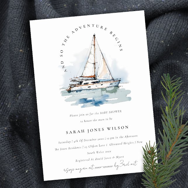 Chic Dusky Sailboat Yacht Seascape Baby Shower Invitation (Creator Uploaded)
