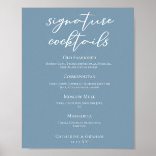 Chic Dust Blue Wedding Signature Cocktails Menu Poster