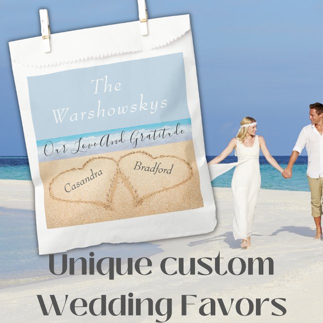 Chic Dusty Blue Beach Wedding 2 Hearts in Sand Favour Bags (Creator Uploaded)