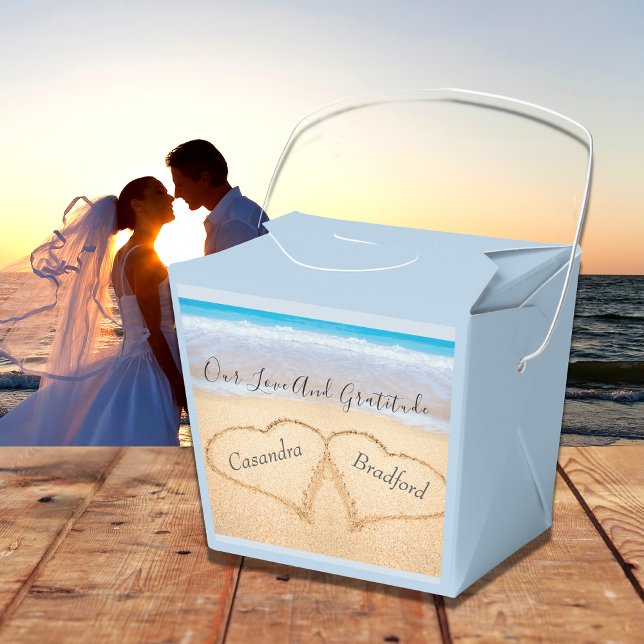 Chic Dusty Blue Beach Wedding 2 Hearts in Sand Favour Box (Creator Uploaded)