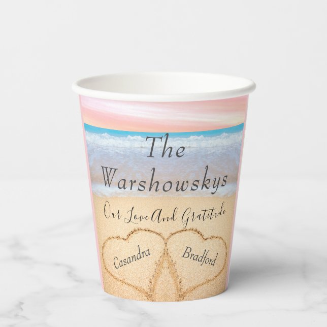 Chic Dusty Blue Beach Wedding 2 Hearts in Sand Paper Cups (Back)