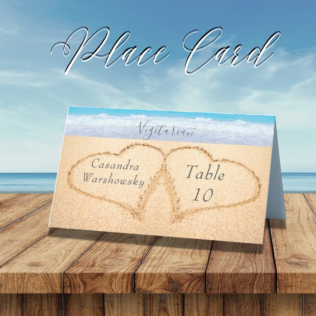 Chic Dusty Blue Beach Wedding 2 Hearts in Sand Place Card (Creator Uploaded)