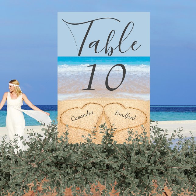 Chic Dusty Blue Beach Wedding 2 Hearts in Sand Table Number (Creator Uploaded)