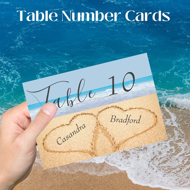 Chic Dusty Blue Beach Wedding 2 Hearts in Sand Table Number (Creator Uploaded)