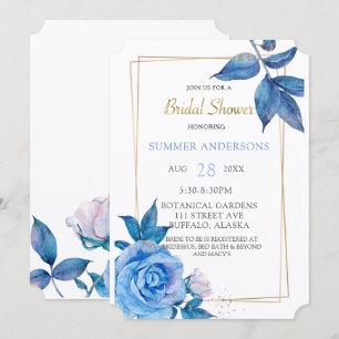 Chic Dusty Blue Blush Gold Roses Bridal Shower Invitation