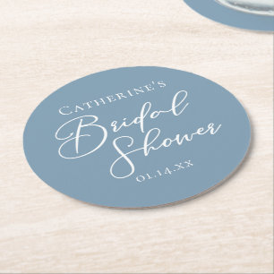 Chic Dusty Blue Bridal Shower Personalized Round Paper Coaster