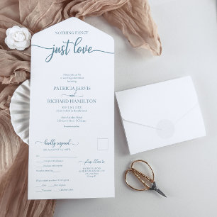 Chic Dusty Blue Calligraphy Casual Wedding All In One Invitation