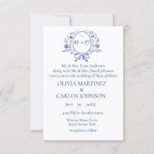 Chic Dusty Blue Crest Monogram elegant Wedding Invitation