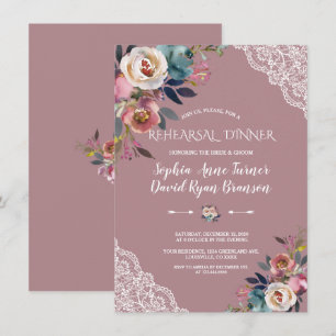 Chic Dusty Blue Dusty Rose Floral Rehearsal Dinner Invitation