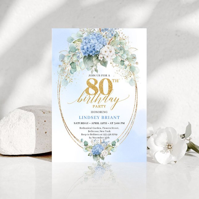 Chic Dusty Blue Eucalyptus 80th Birthday Invite (Chic Dusty Blue Eucalyptus 80th Birthday Invitation)