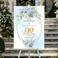 Chic Dusty Blue Floral 90th birthday welcome