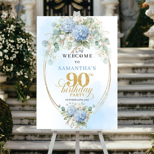Chic Dusty Blue Floral 90th birthday welcome Poster (Chic Dusty Blue Floral 90th birthday welcome)
