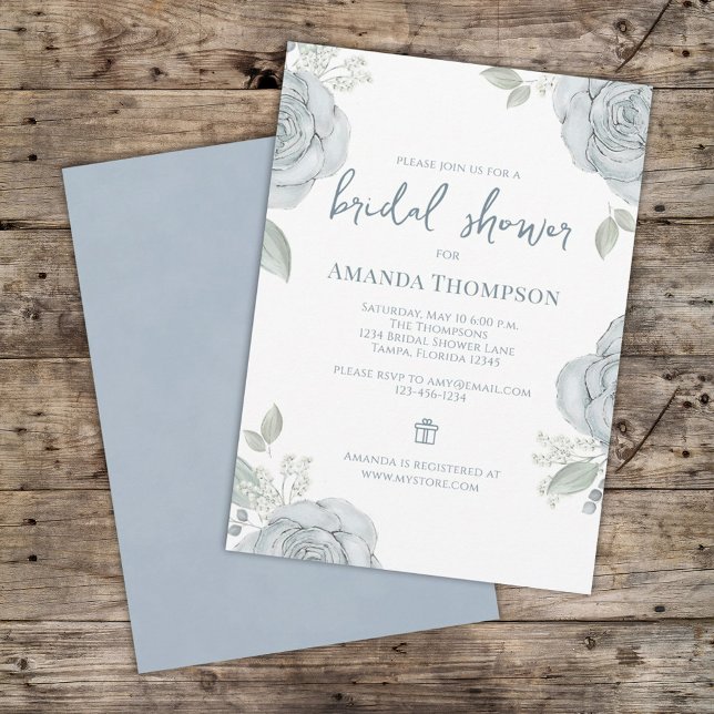 Chic Dusty Blue Floral Bridal Shower Gift Registry Invitation (Creator Uploaded)