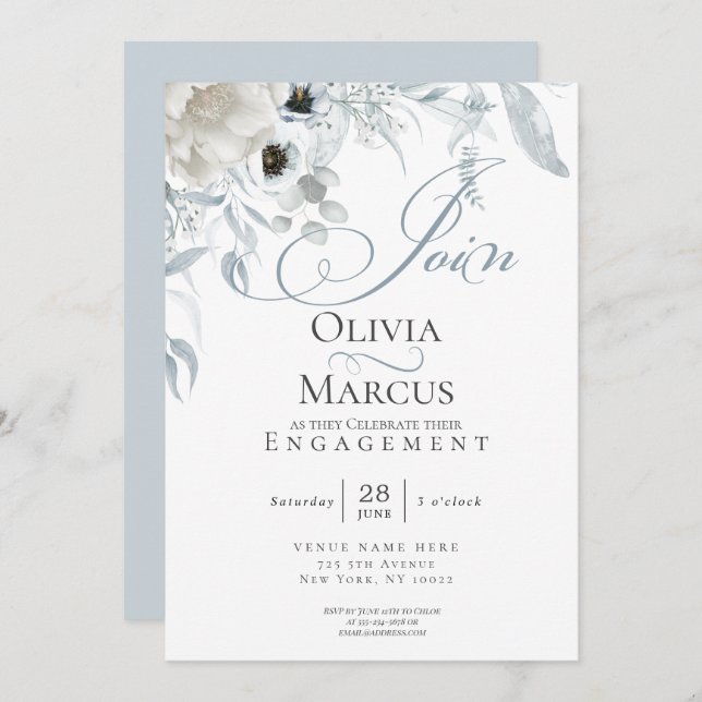 Chic Dusty Blue Floral Engagement Invitation (Front/Back)