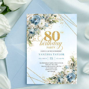 Chic Dusty Blue Floral Gold 80th Birthday Invites