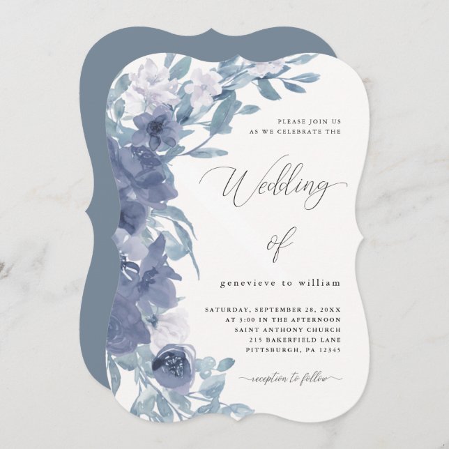 Chic Dusty Blue Floral with Calligraphy Wedding Invitation (Front/Back)