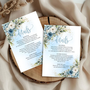 Chic Dusty Blue Flowers Gold Wedding Details Inser RSVP Card
