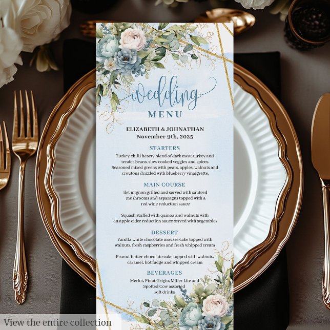 Chic Dusty Blue Flowers White Gold Wedding Menu (Chic Dusty Blue Flowers White Gold Wedding Menu

)