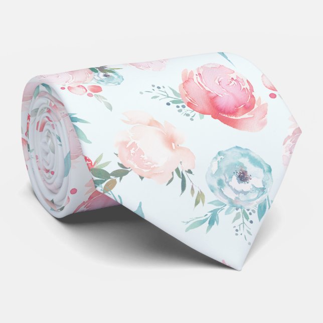 Chic Dusty Blue French Garden Floral Peony Pattern Tie (Rolled)