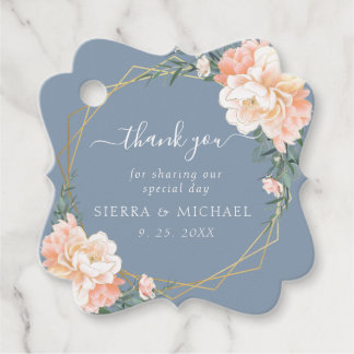 Chic Dusty Blue Gold Blush Peach Floral Wedding Favour Tags