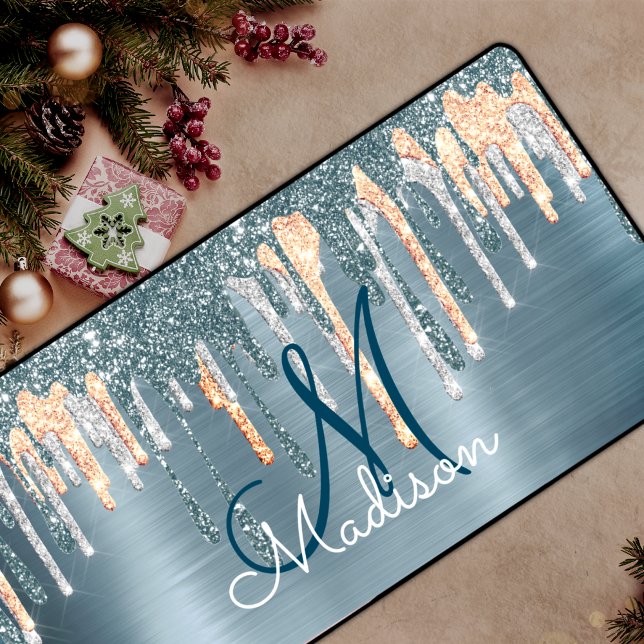 Chic dusty blue gold dripping monogram desk mat (Creator Uploaded)