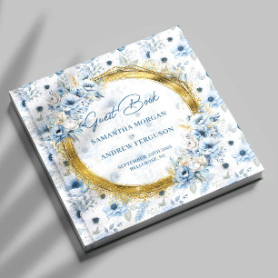 Chic Dusty Blue Gold Glitter Wedding Guest Book