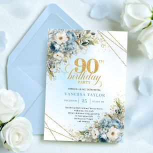 Chic Dusty Blue Gold Script 90th Birthday Invite