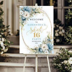 Chic Dusty Blue Gold Sweet 16 Welcome Sign