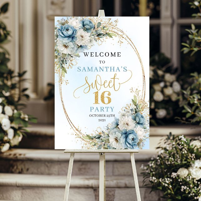 Chic Dusty Blue Greenery Sweet 16 Welcome Poster (Chic Dusty Blue Greenery Sweet 16 Welcome)