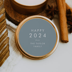 Chic   Dusty Blue Happy 2024 New Year Holiday Gift Classic Round Sticker