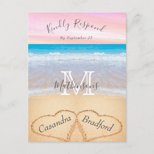 Chic Dusty Blue Hearts Sand Beach Wedding RSVP Postcard (Front)