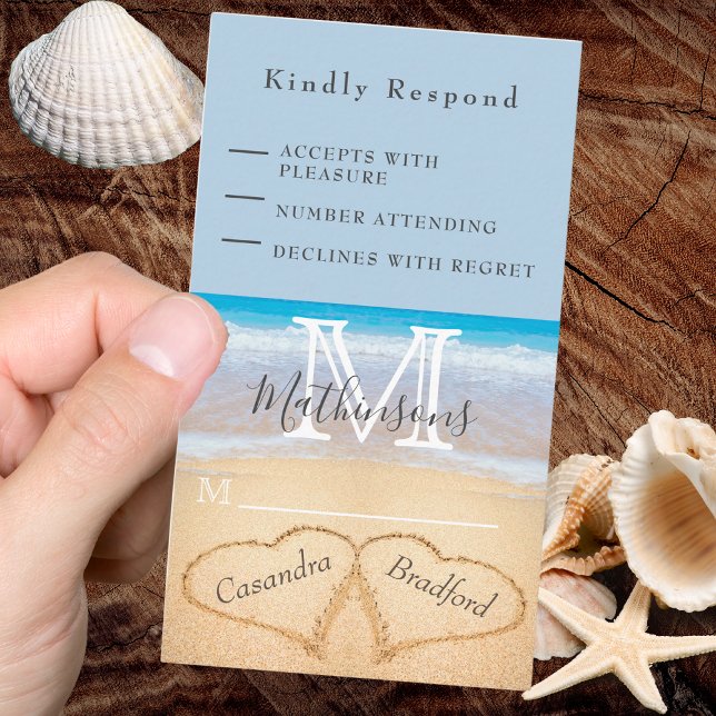 Chic Dusty Blue Hearts Sand RSVP Beach Wedding  Enclosure Card (Creator Uploaded)