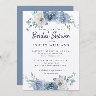 Chic Dusty Blue Ivory Rose Bridal Shower Invitatio Invitation