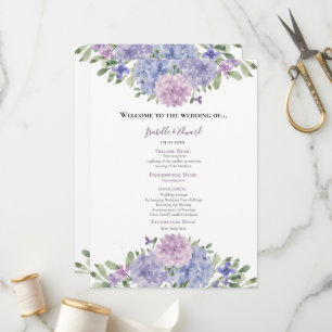 Chic Dusty Blue Lilac Watercolor Floral Wedding Programme