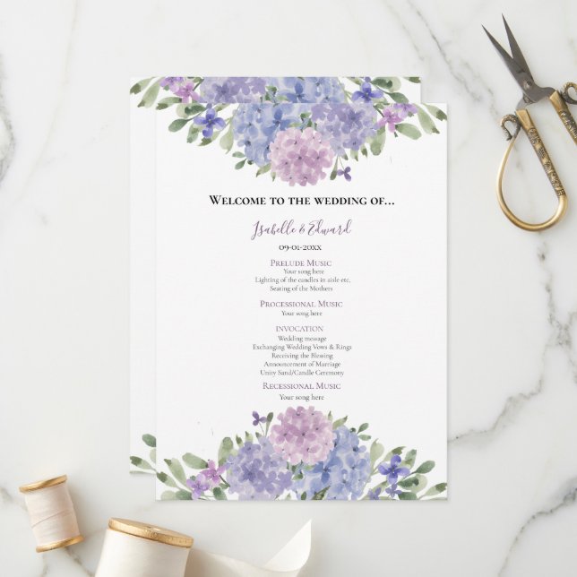 Chic Dusty Blue Lilac Watercolor Floral Wedding Programme (Front/Back In Situ)