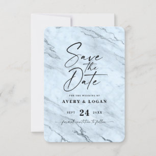Chic Dusty Blue Marble with Grey Foil Details Save The Date