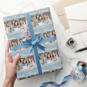 Chic Dusty Blue Merry Christmas Photo Collage Wrapping Paper