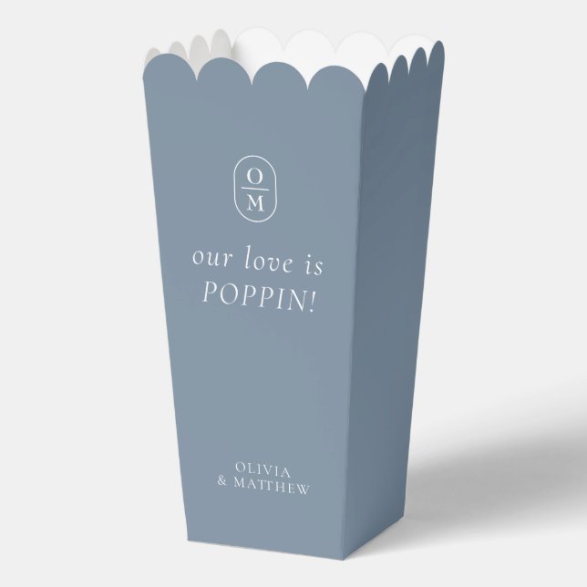 Chic Dusty Blue Monogram Popcorn Favor Box (Front)