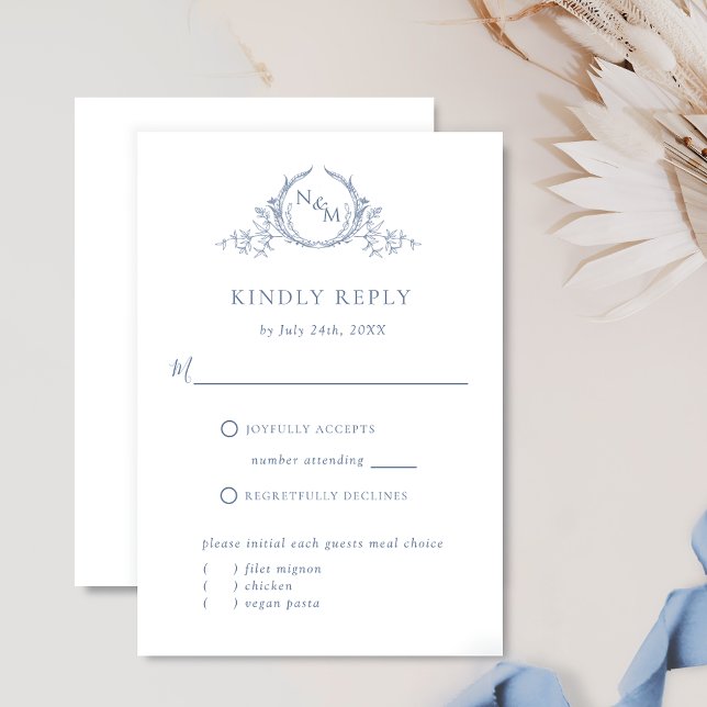 Chic Dusty Blue Monogram, With /Without Meals RSVP (Creator Uploaded)